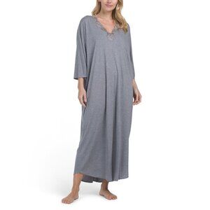 NATORI Heather Grey Zen Floral Modal Caftan With Lace Trim